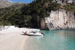 Vlorë: Excursión en lancha rápida a la bahía de Grama con snorkel y natación