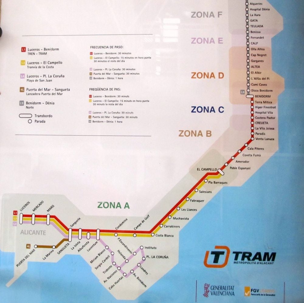 Map of the train route from Alicante to Denia