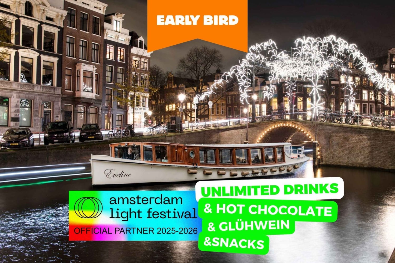 Amsterdam: Valofestivaalin lämmitetty risteily + kuumat juomat ja pikkupurtavaa