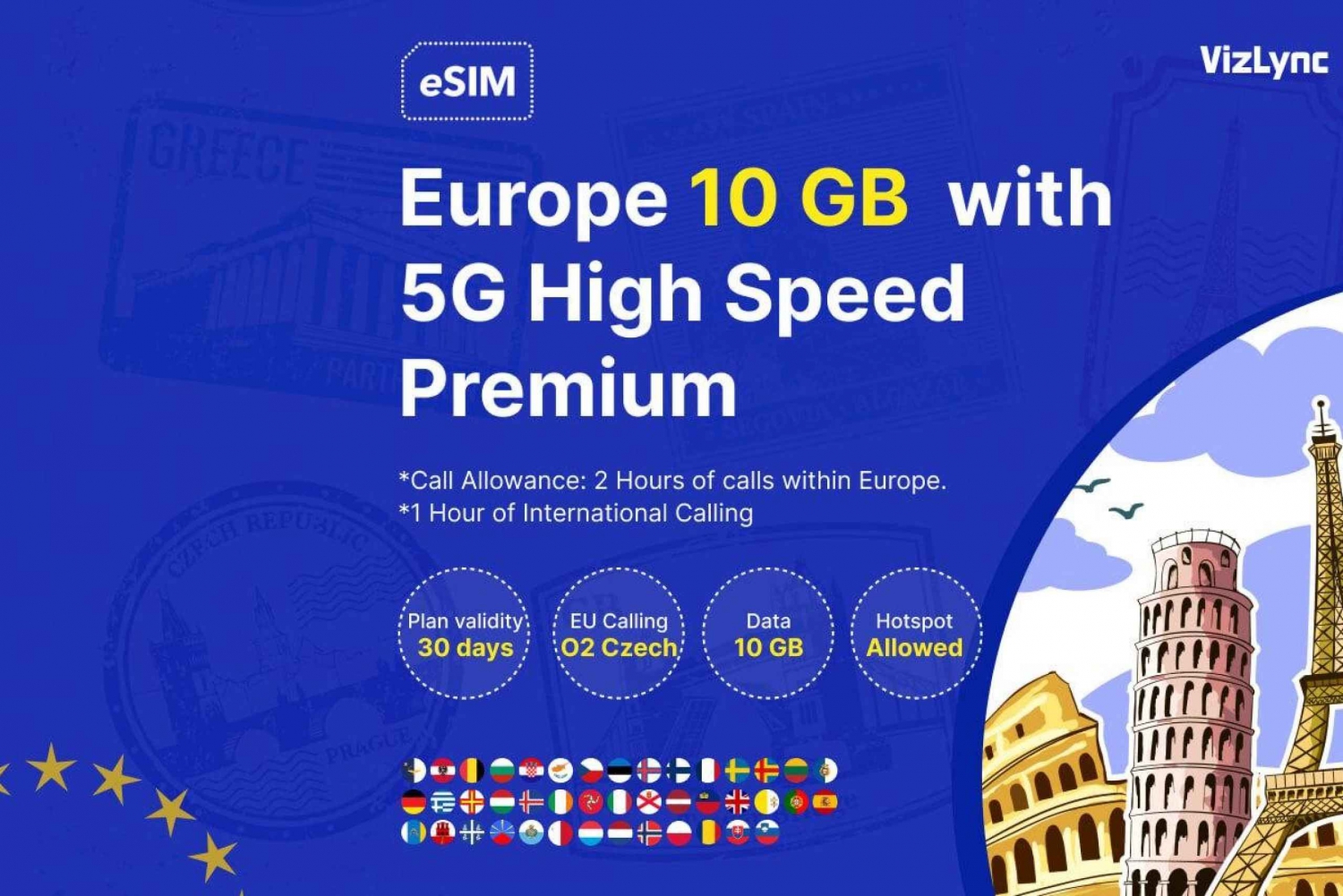 Explorez l'Europe avec un plan de données eSIM Premium à haut débit de 10 Go