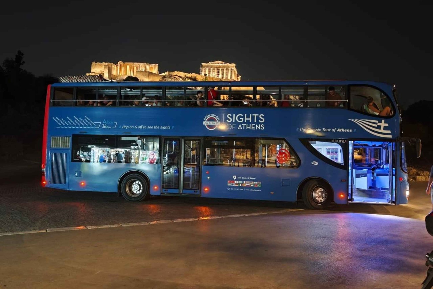 Tour panoramico notturno di Atene in autobus a due piani scoperto