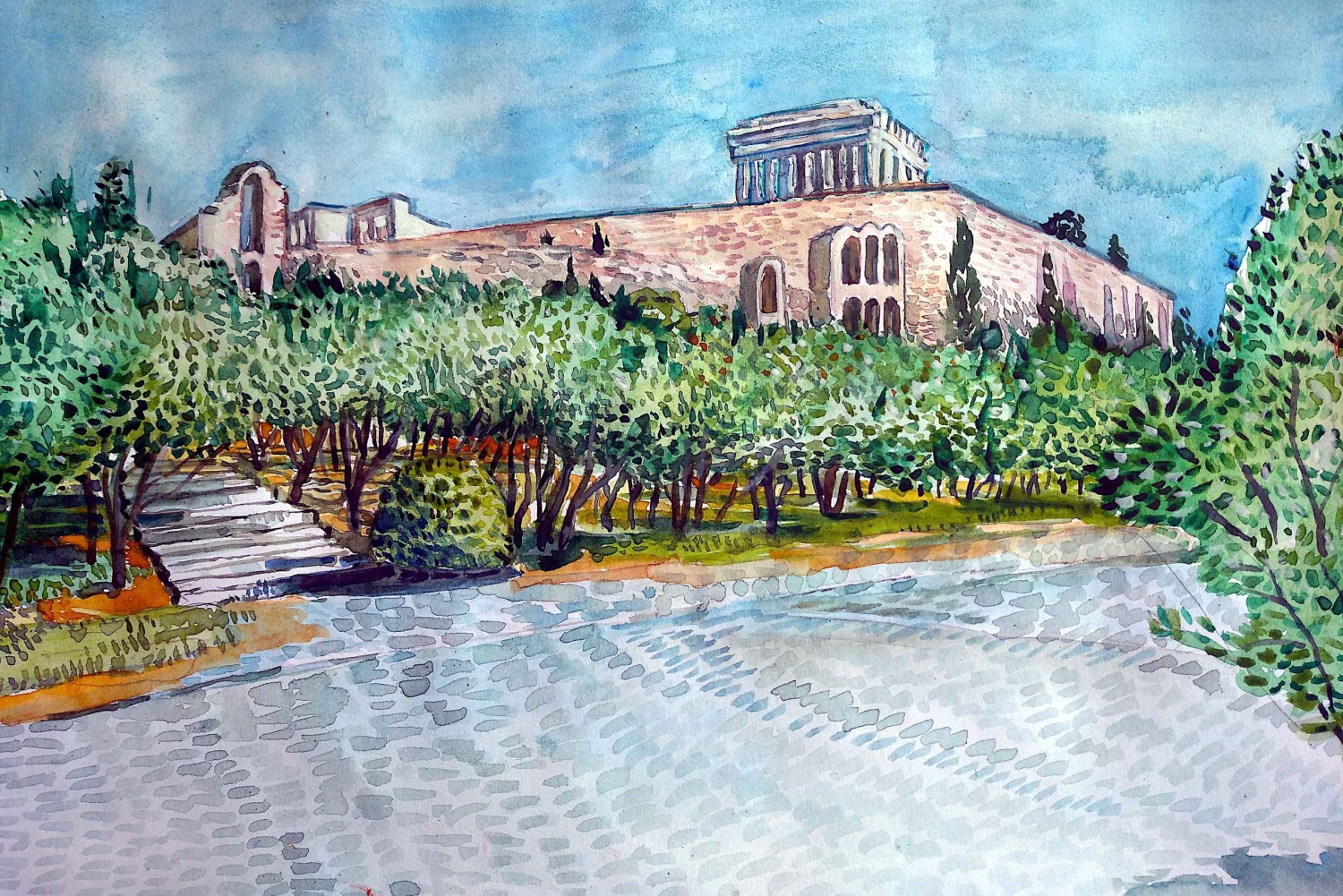 Clase de dibujo al aire libre en el centro histórico de Atenas