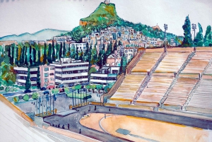 Clase de dibujo al aire libre en el centro histórico de Atenas