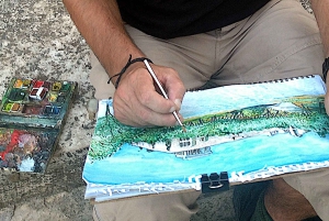 Clase de dibujo al aire libre en el centro histórico de Atenas