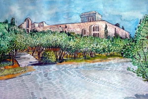 Clase de dibujo al aire libre en el centro histórico de Atenas