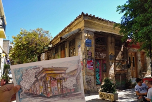Clase de dibujo al aire libre en el centro histórico de Atenas