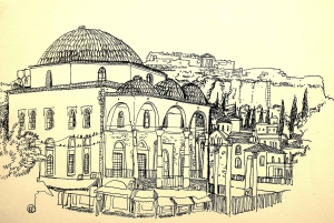 Clase de dibujo al aire libre en el centro histórico de Atenas