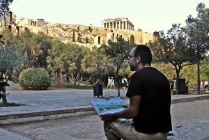 Clase de dibujo al aire libre en el centro histórico de Atenas