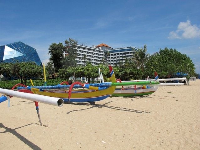 Jukung wingboats in front of Grand Beach Bali Hotel