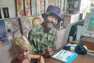 Ubud: Balinesische Eiermalerei, Leinwand und Canang-Sari-Opfergabe