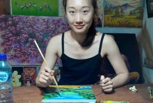 Ubud: Balinesische Eiermalerei, Leinwand und Canang-Sari-Opfergabe