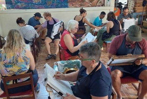 Ubud: Balinesische Eiermalerei, Leinwand und Canang-Sari-Opfergabe