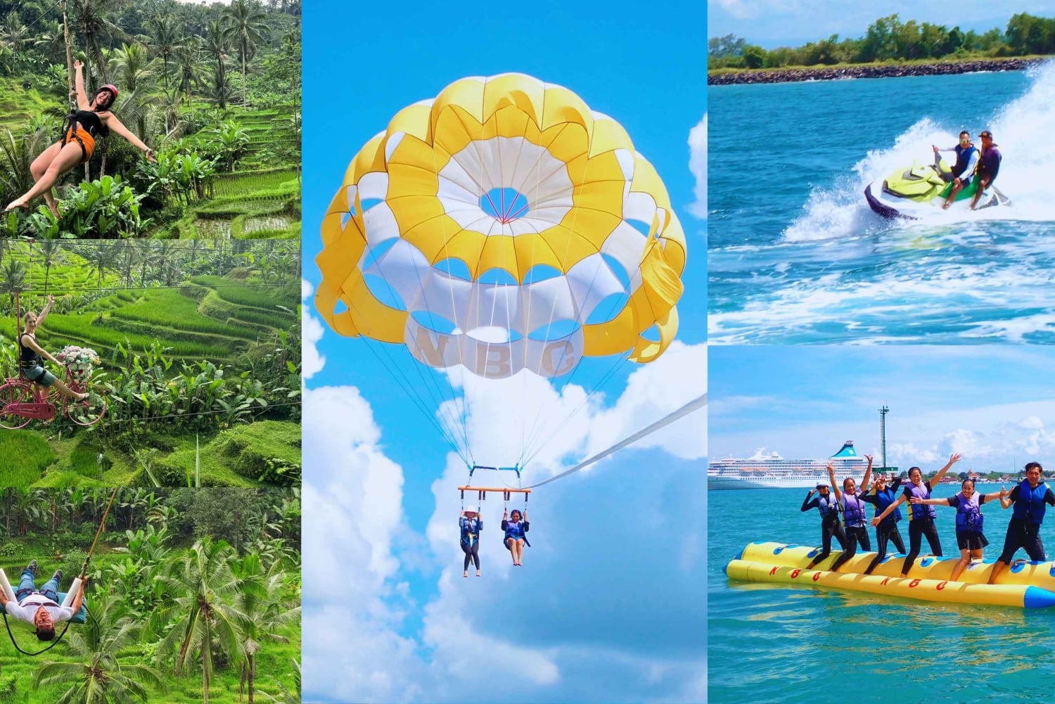 Tyrolienne et sports nautiques à Ubud (jet ski, parachute ascensionnel, bateau banane)