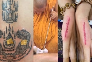 Bangkokissa: Bang Phra Wat Bang Phra -kadulla: Käsin tökitty thaimaalainen tatuointi ja siunaus.