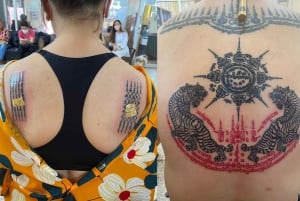 Bangkokissa: Bang Phra Wat Bang Phra -kadulla: Käsin tökitty thaimaalainen tatuointi ja siunaus.