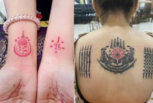 Bangkokissa: Bang Phra Wat Bang Phra -kadulla: Käsin tökitty thaimaalainen tatuointi ja siunaus.