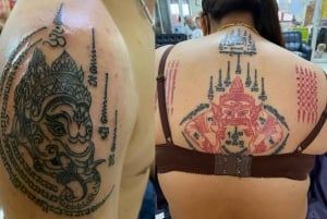 Bangkokissa: Bang Phra Wat Bang Phra -kadulla: Käsin tökitty thaimaalainen tatuointi ja siunaus.