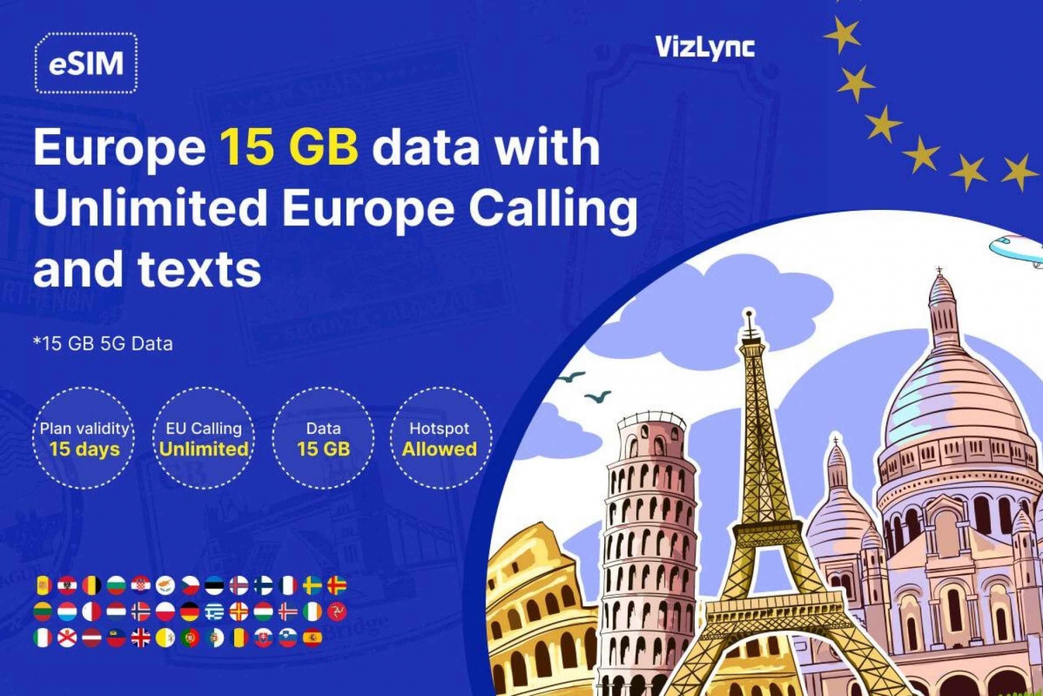 Europe Travel 15 GB data med ubegrænset opkald