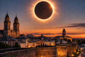 Solar Eclipse in Galicia with Lugo and Roman Wall from Santiago