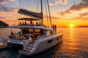 Rhodes: Sunset Catamaran Cruise with Snack, Fruits & Drinks
