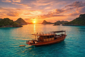 Sonnenuntergangsfahrt auf einem Holz-Trawler