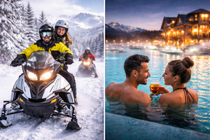 Cracovia: Paseo en moto de nieve con piscinas termales y servicio de recogida del hotel
