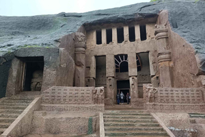 Buddhist Kanheri Caves with Golden Pagoda Temple
