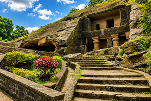 Buddhist Kanheri Caves with Golden Pagoda Temple