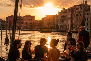 Venise : apéritif en bateau avec musique au coucher du soleil sur la lagune