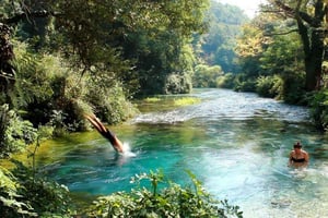 Serenidade ao pôr do sol em Saranda: nascentes da floresta e castelo