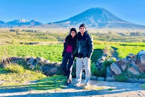 Lagunen og saltfladen i Salinas med panoramaudsigt over vulkanerne Misti og Chachani.
