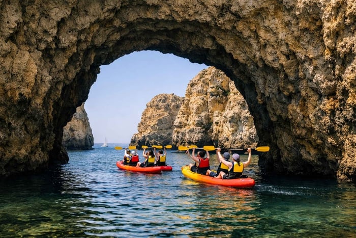 Excursión familiar en barco y kayak por Ponta da Piedade