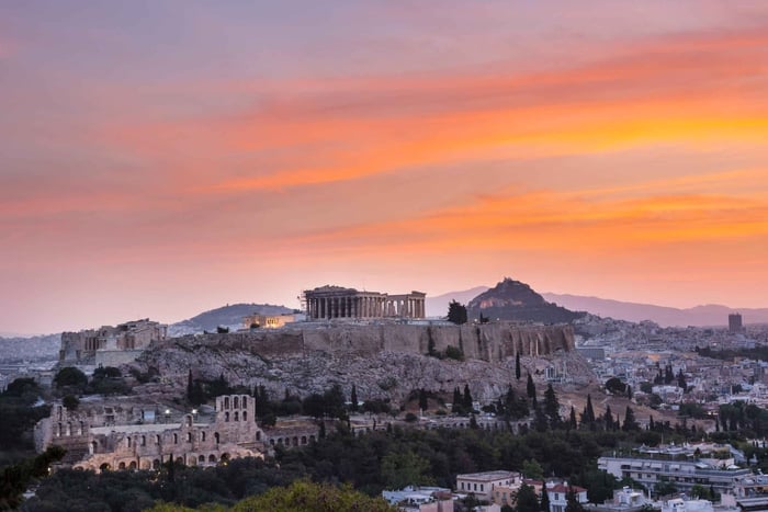 Athen: Akropolis og Parthenon ved solnedgang