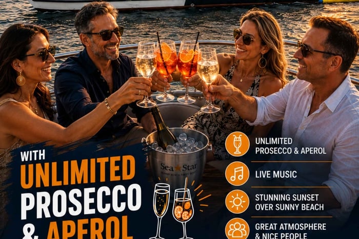 Sunny Beach: Pôr do Sol, Barco, Aperol, Espumante, Música ao Vivo
