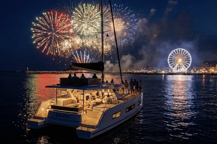 Fréjus: Evening Fireworks Display on a Catamaran with Aperitif Buffet
