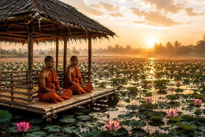 Munkceremoni i solnedgången – Siem Reap Lotus Silk Farm