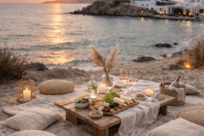 Mykonos: luxe picknick bij zonsondergang met wijn en uitzicht op zee