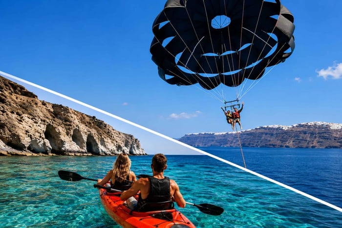 Santorini: Aluguel de Caiaque e Aventura de Parasailing para 2 Pessoas