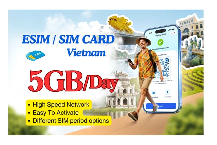 Vietnam: SIM CARD & ESIM With Mobile Data 5GB/Day