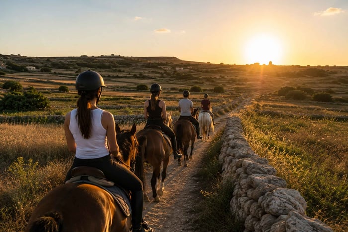 Malte : balade à cheval au coucher du soleil dans les champs de la campagne