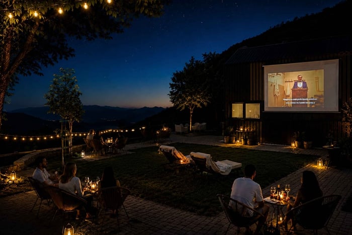 Cinéma en plein air sur la ligne d'horizon du lac de Skadar : bazar d'artisanat et film