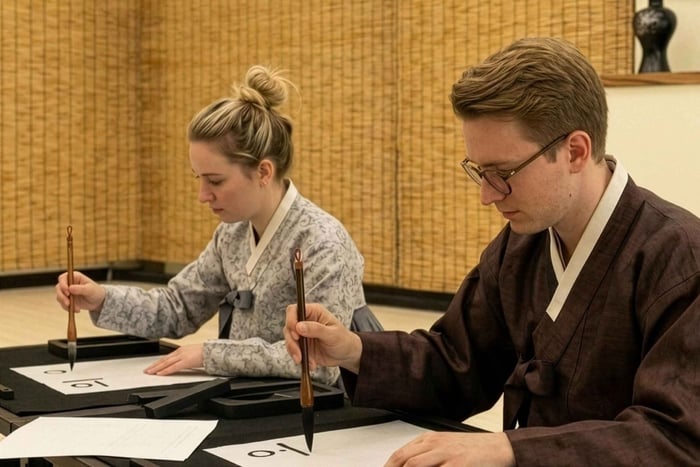 Wearing Hanbok and Writing Hangeul Calligraphy