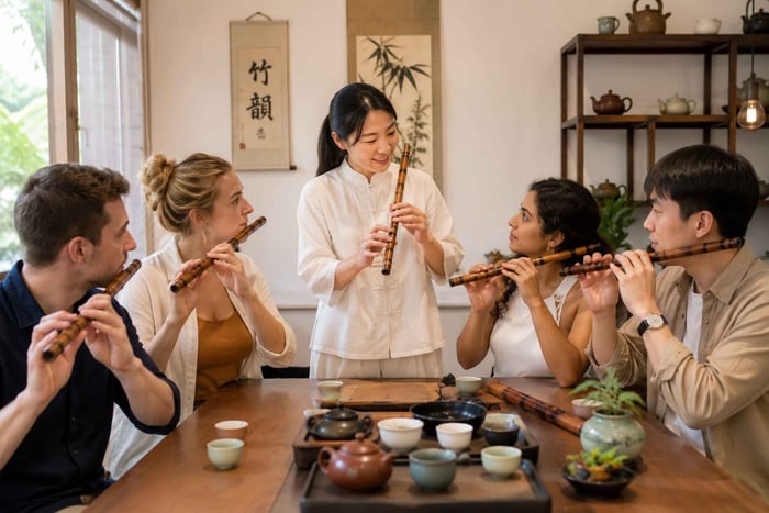 Singapura: Experiência Social com Flauta de Bambu Chinesa e Chá