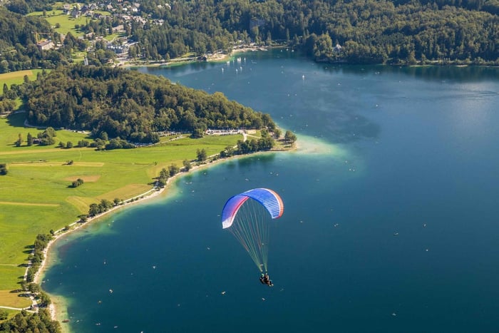 Tandem Paragliding Flight from Vogar Above Lake Bohinj