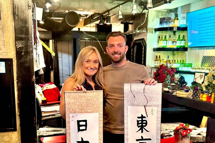 Tokyo: Calligraphy on Kanji Fan & Scroll with Drink