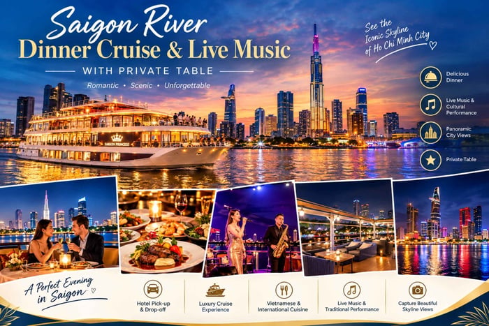 Saigon-floden: Bådtur med middag og livemusik med PRIVAT bord