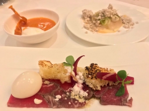 Beef Carpaccio, Scallops and Tomato Corbasi 