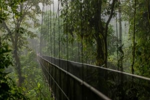 Kombinasjon av La Fortuna-fossen, vulkanen og hengebroene