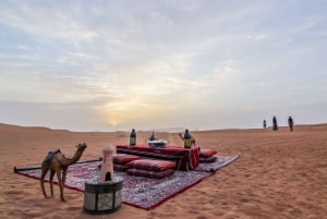 Kameltur i ørkenen ved solopgang i Dubai med morgenmad