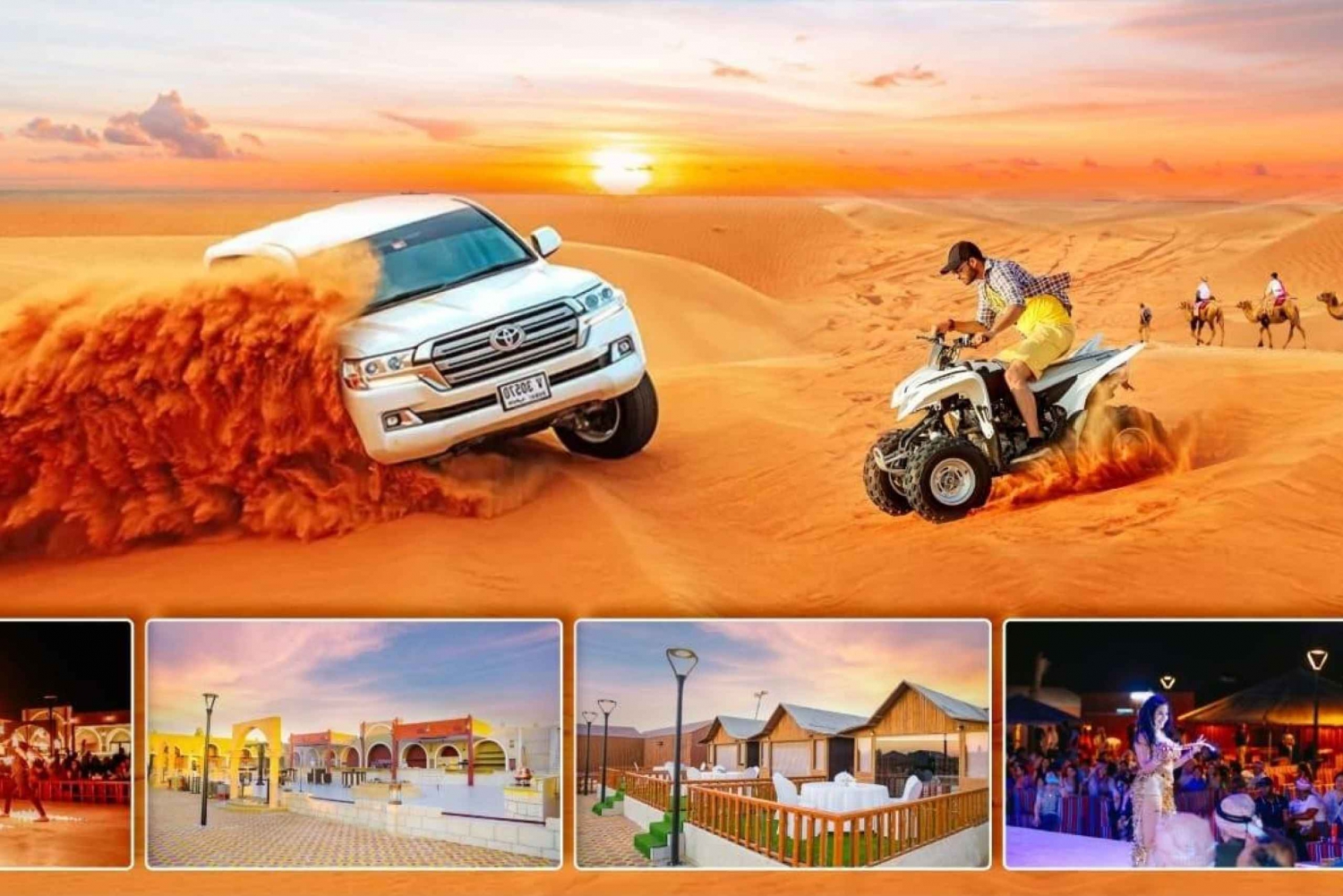 Ørkensafari om kvelden, firhjuling, sandboarding og kamelridning
